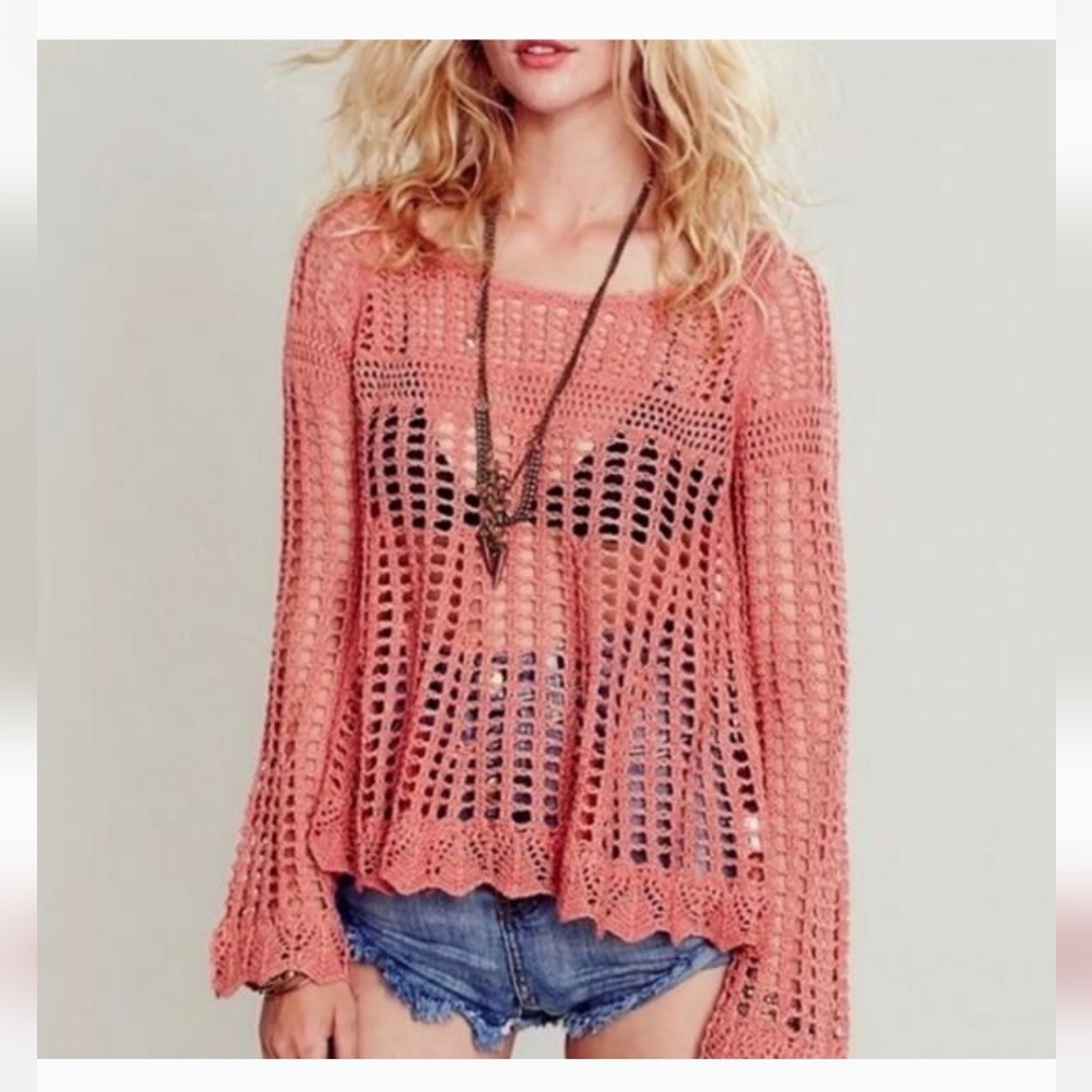 Free People Annabelle Crochet Knit Boho Oversized Sweater Medium M